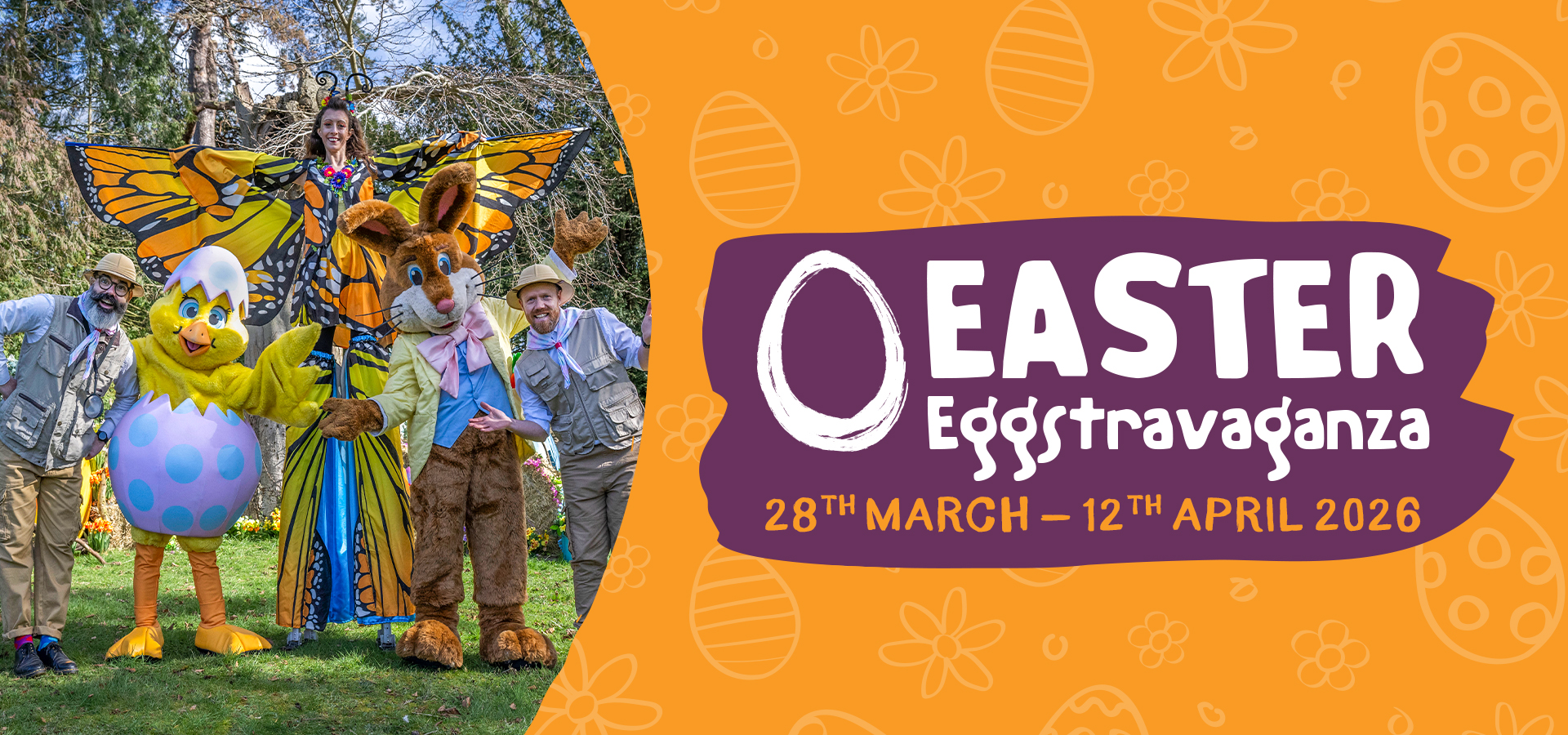 Easter Eggstravaganza banner at West Midlands Safari Park featuring characters Bramble Bunny, Chirpy Chick, and more