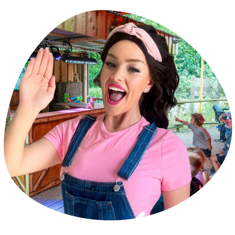 Woman in a pink top waving at the camera